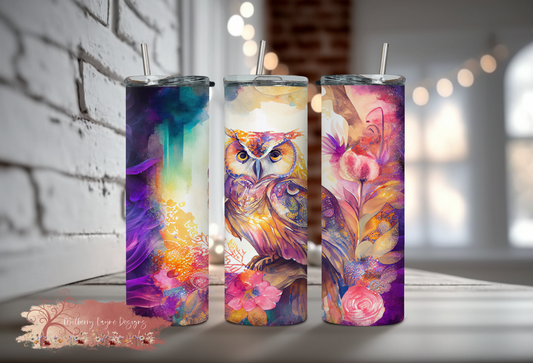 Neon Watercolor Owl Skinny Tumbler