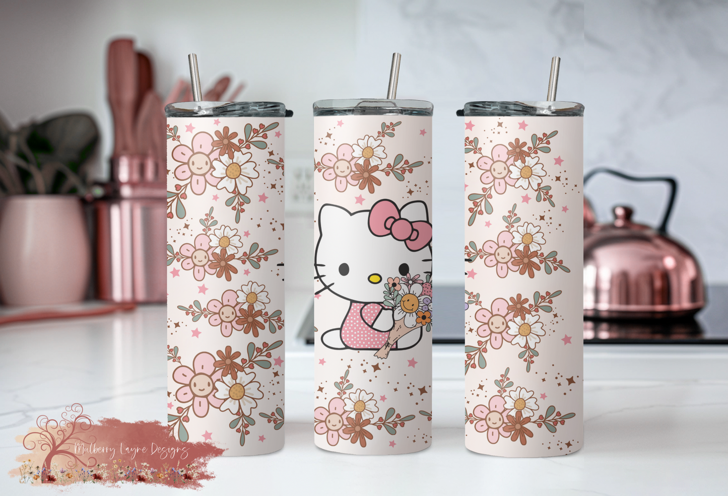 Kawaii Kitty  Floral Skinny Tumbler