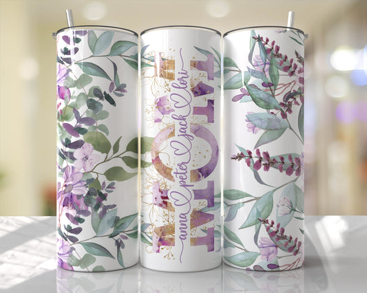 Purple Floral Personalized Mom | Mimi | Meme | Dog Mom | Skinny Tumbler