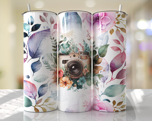 Floral Vintage Camera Skinny Tumbler