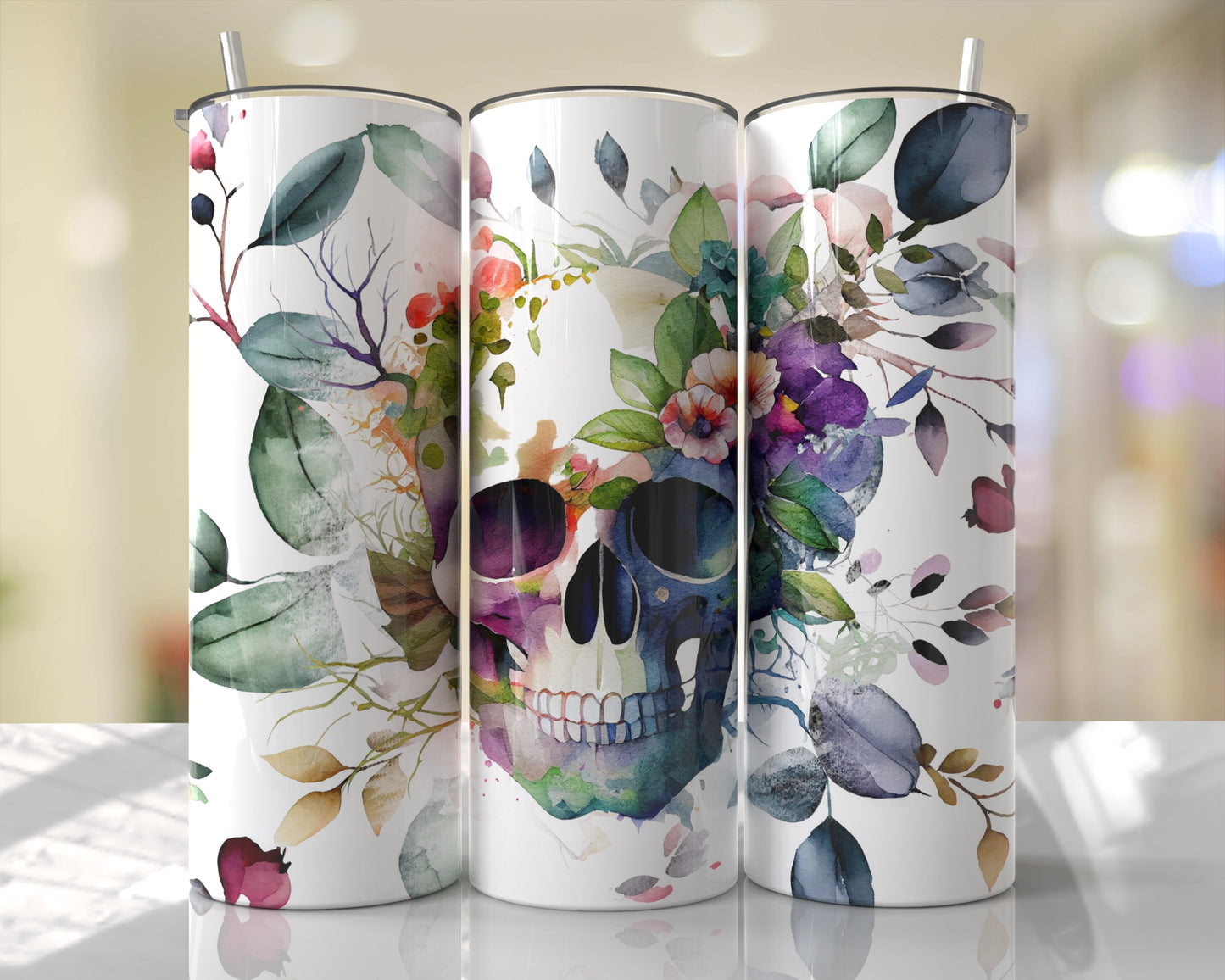 Floral Skull Skinny Tumbler