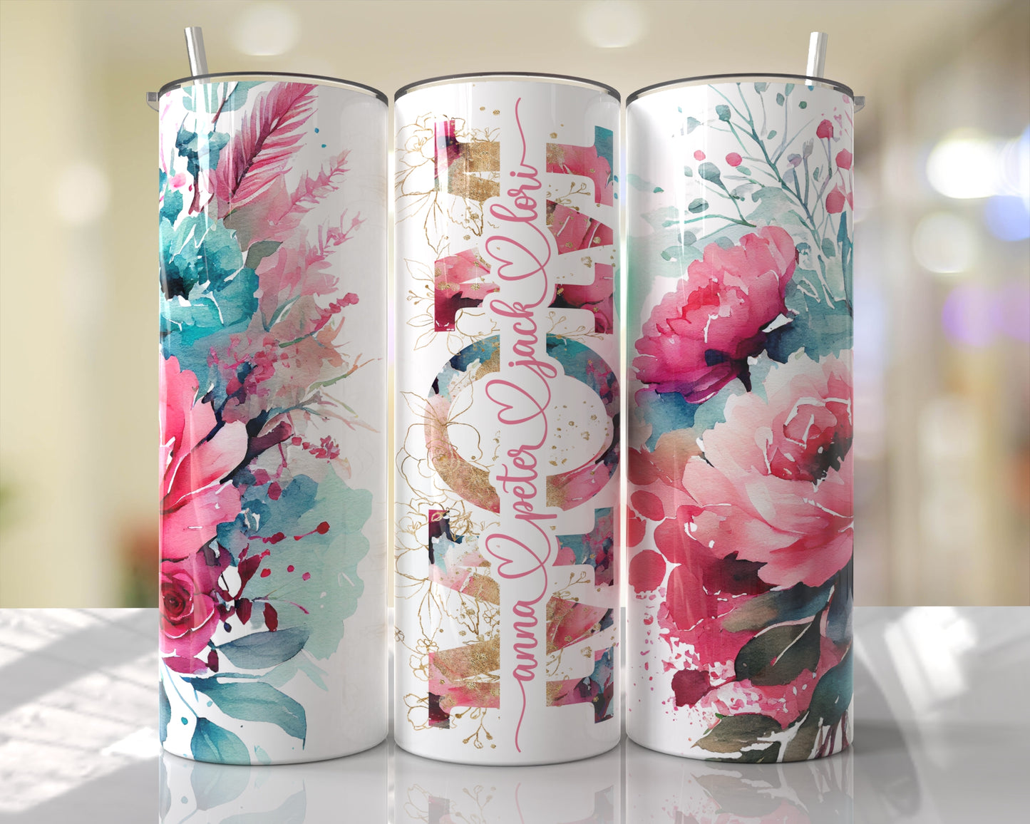 Floral Pink & Aqua Personalized Mom | Mimi | Meme | & MORE Skinny Tumbler