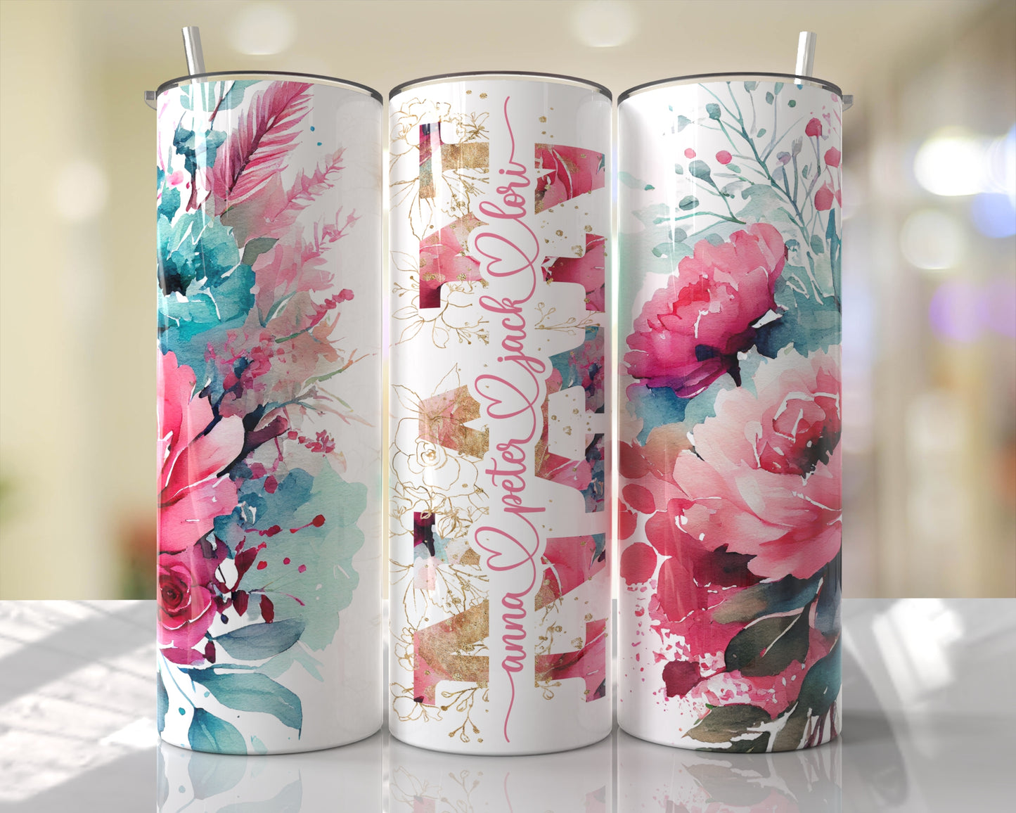 Floral Pink & Aqua Personalized Mom | Mimi | Meme | & MORE Skinny Tumbler