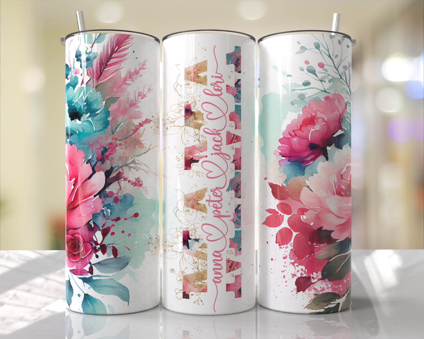 Floral Pink & Aqua Personalized Mom | Mimi | Meme | & MORE Skinny Tumbler