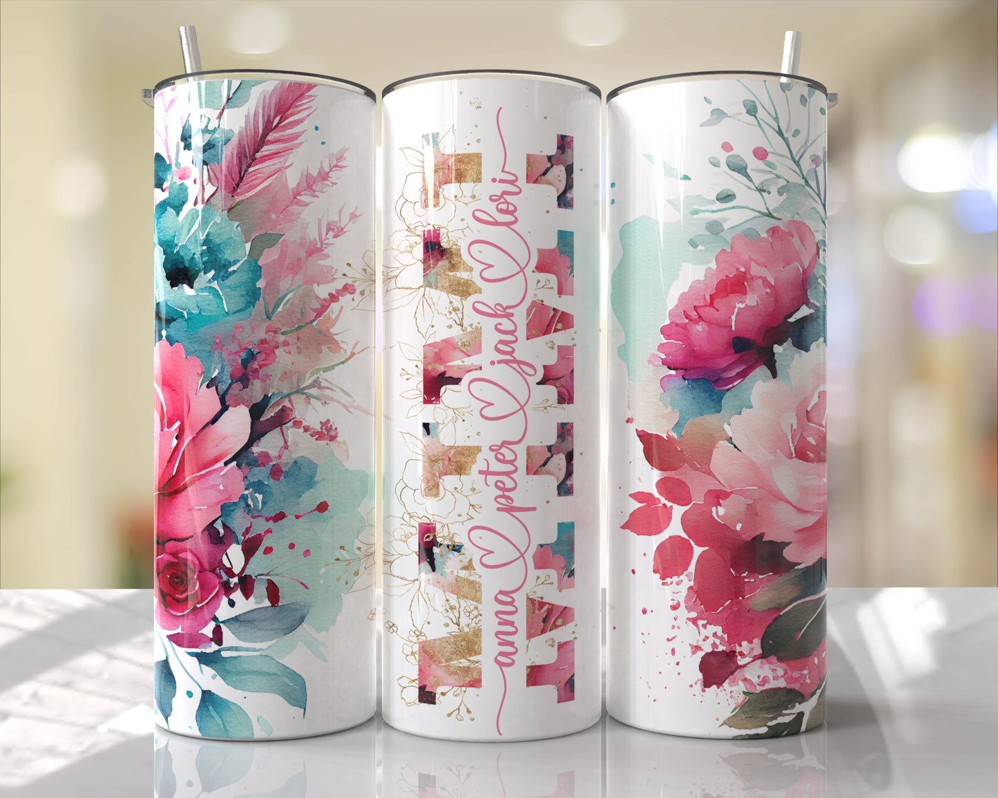 Floral Pink & Aqua Personalized Mom | Mimi | Meme | & MORE Skinny Tumbler