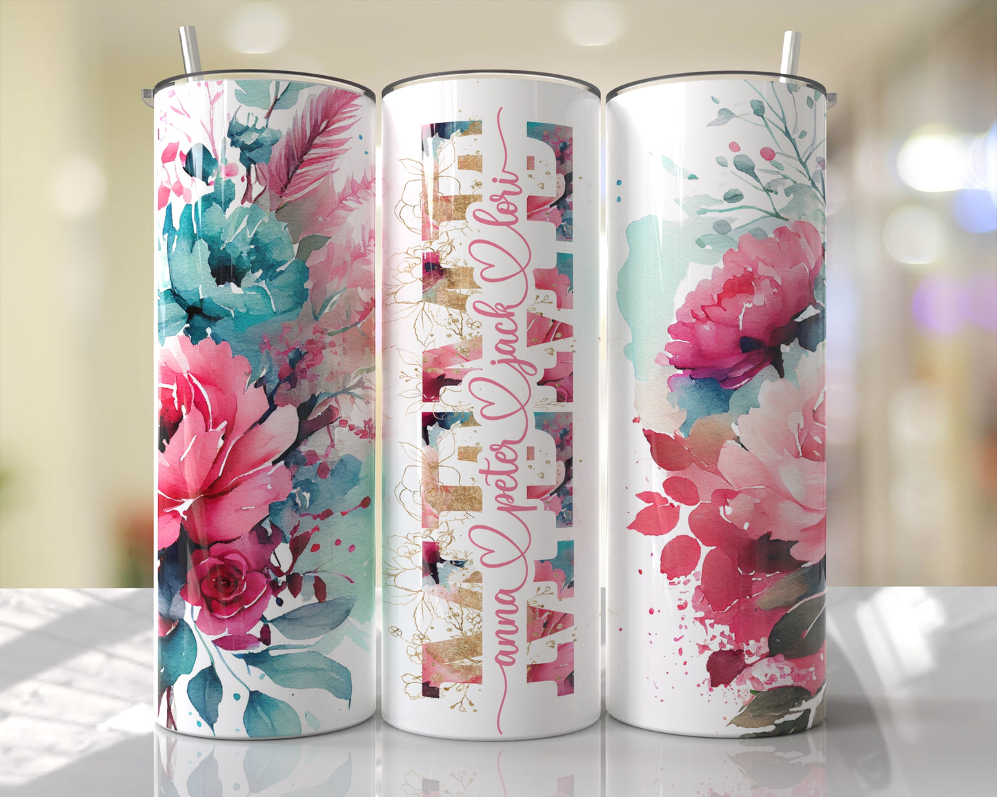 Floral Pink & Aqua Personalized Mom | Mimi | Meme | & MORE Skinny Tumbler