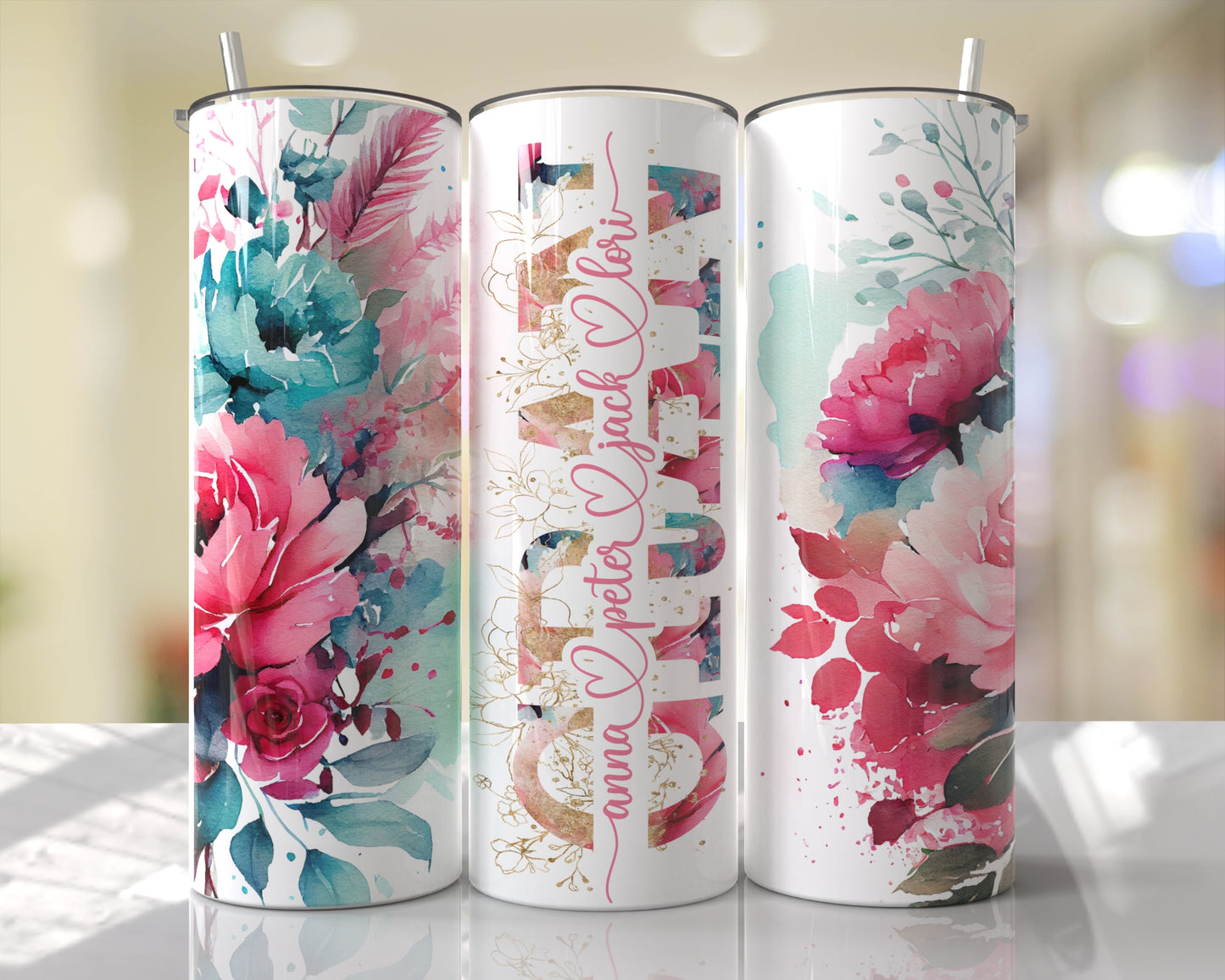 Floral Pink & Aqua Personalized Mom | Mimi | Meme | & MORE Skinny Tumbler