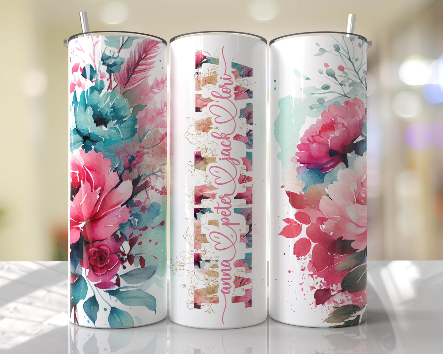 Floral Pink & Aqua Personalized Mom | Mimi | Meme | & MORE Skinny Tumbler