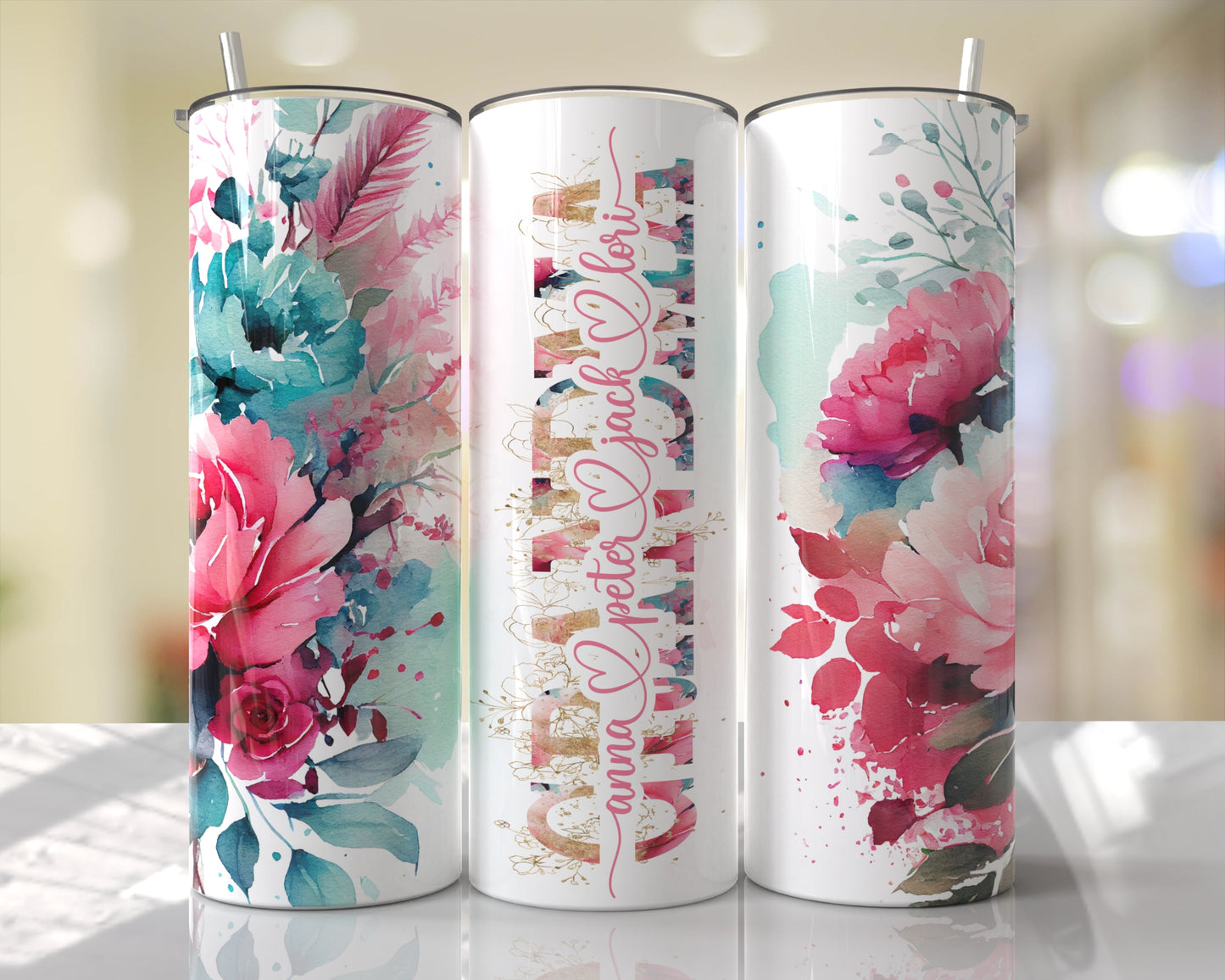 Floral Pink & Aqua Personalized Mom | Mimi | Meme | & MORE Skinny Tumbler