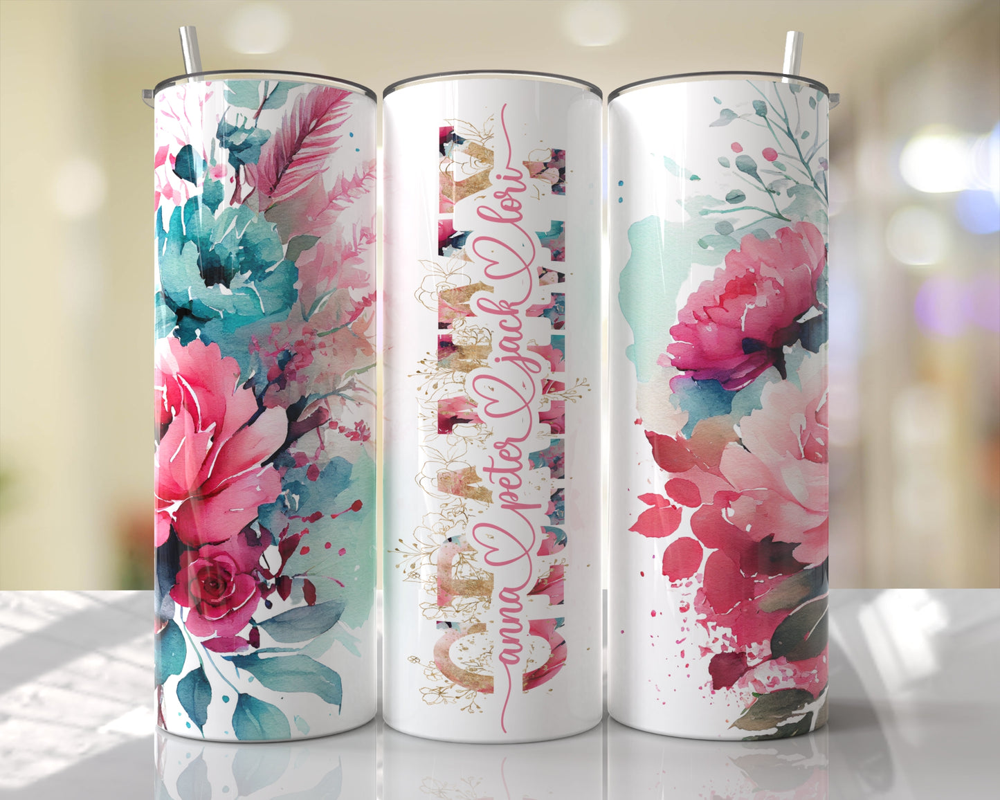 Floral Pink & Aqua Personalized Mom | Mimi | Meme | & MORE Skinny Tumbler