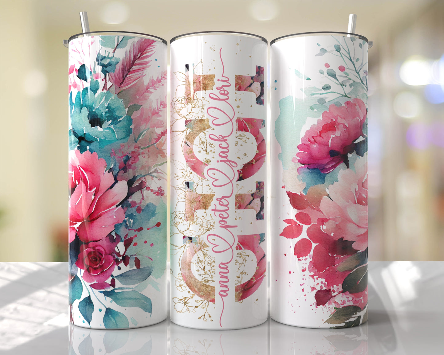 Floral Pink & Aqua Personalized Mom | Mimi | Meme | & MORE Skinny Tumbler