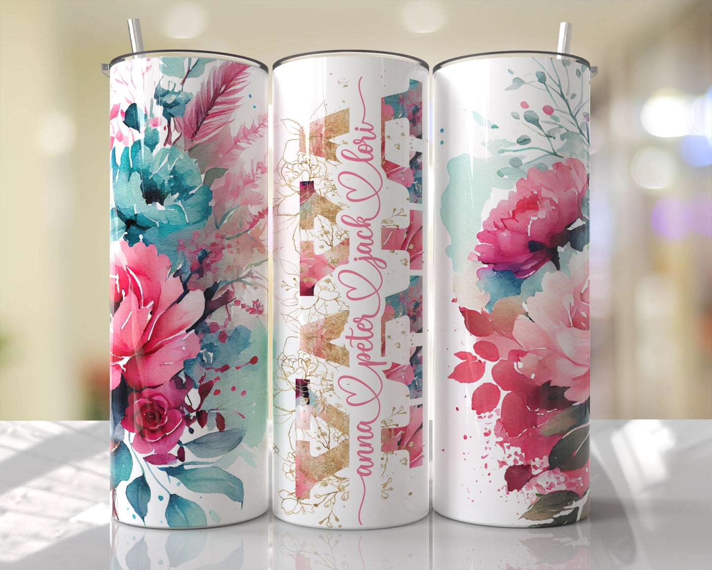 Floral Pink & Aqua Personalized Mom | Mimi | Meme | & MORE Skinny Tumbler