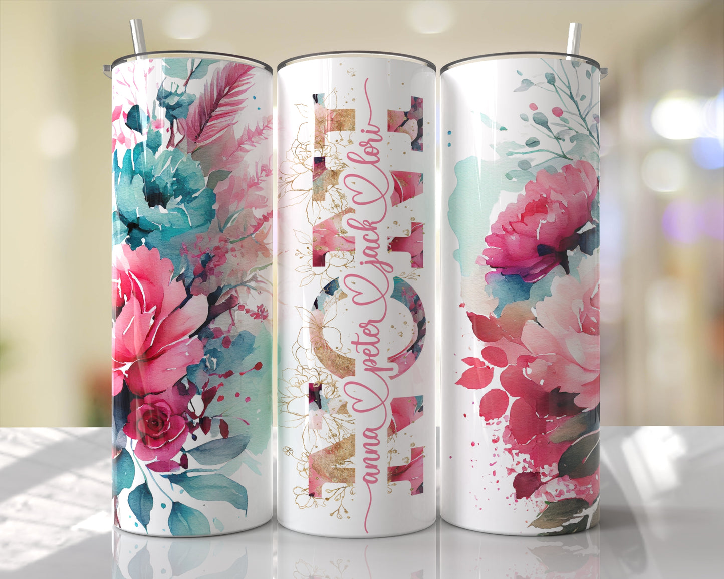 Floral Pink & Aqua Personalized Mom | Mimi | Meme | & MORE Skinny Tumbler