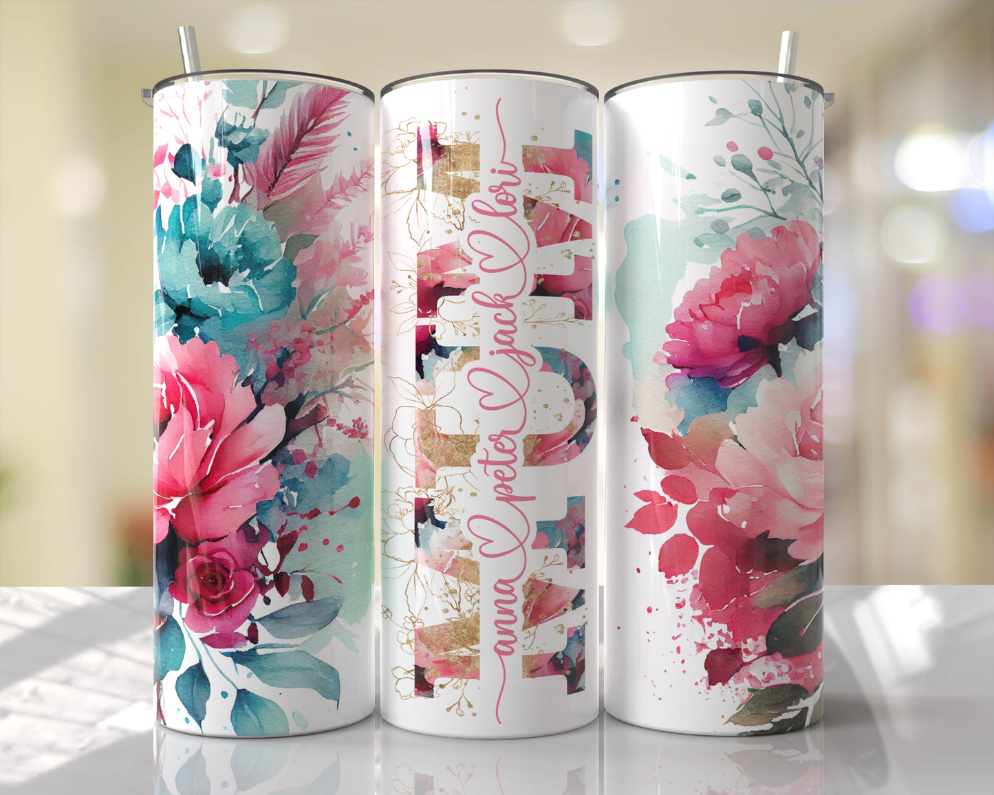 Floral Pink & Aqua Personalized Mom | Mimi | Meme | & MORE Skinny Tumbler