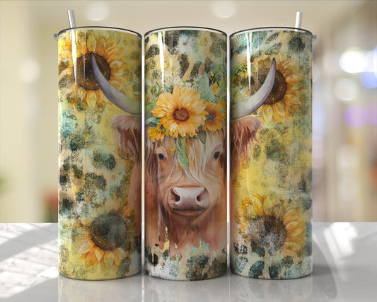 Sunflower Highland Cow Skinny Tumbler