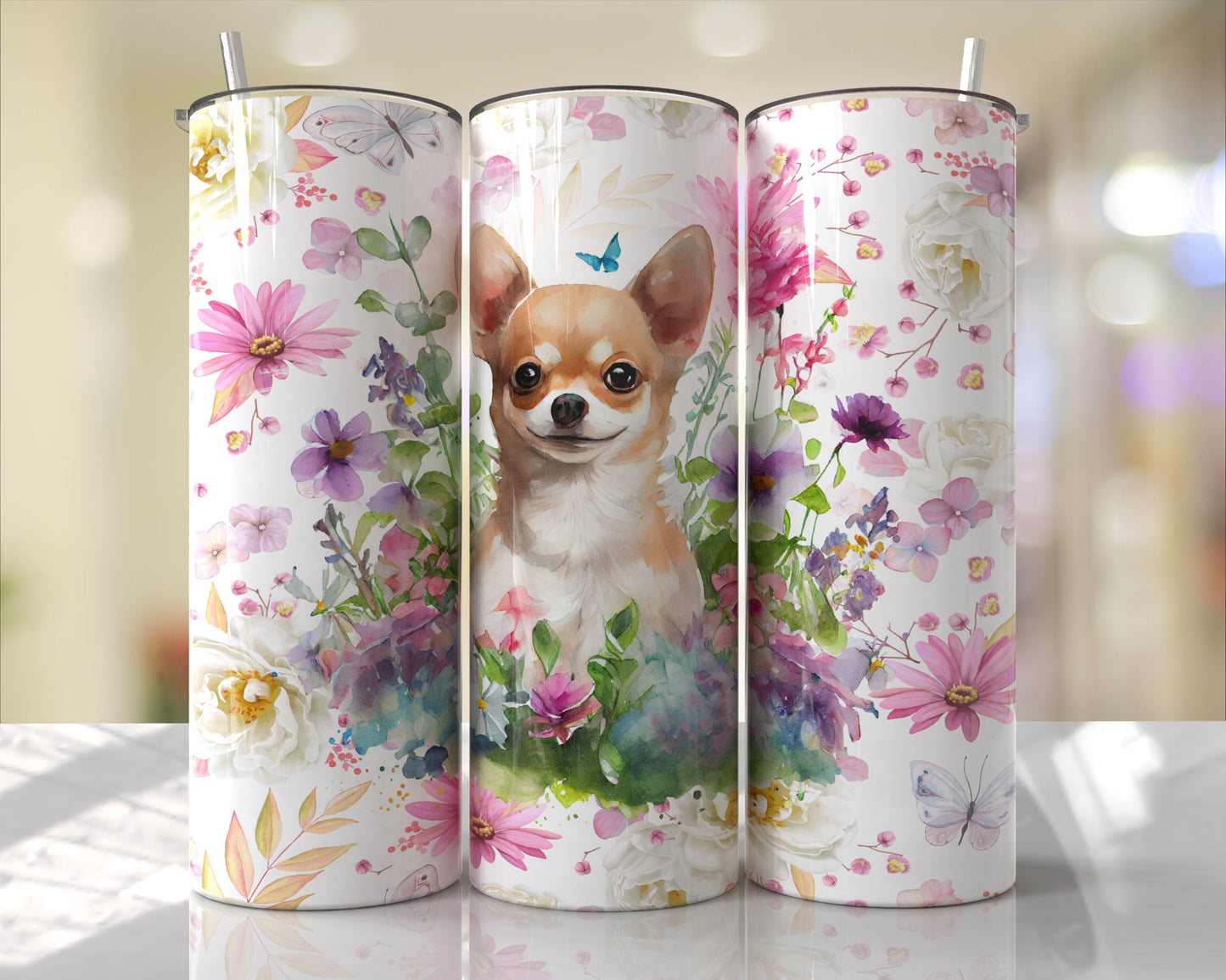 Floral Chihuahua Dog Skinny Tumbler