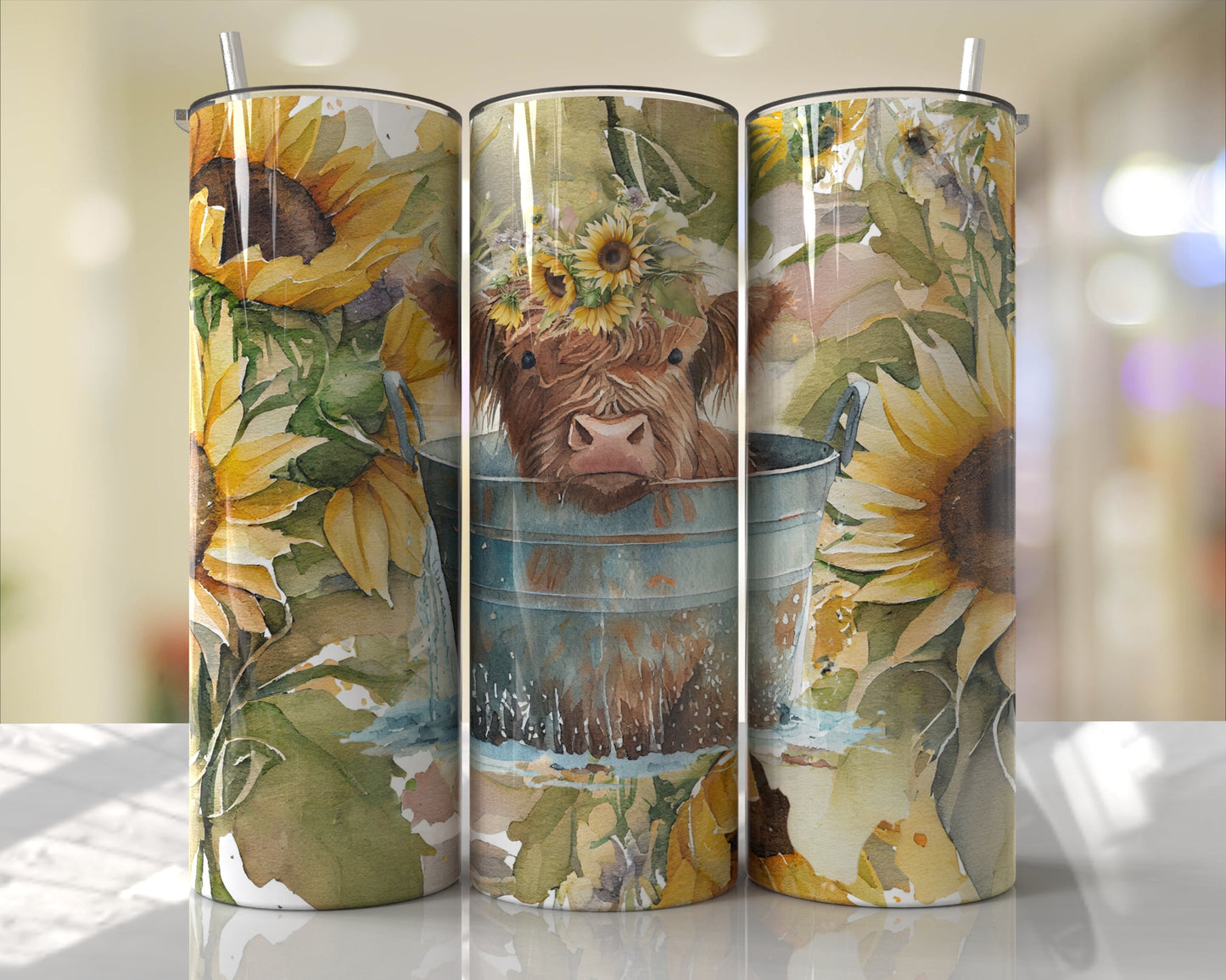 Sunflower Highland Cow Skinny Tumbler