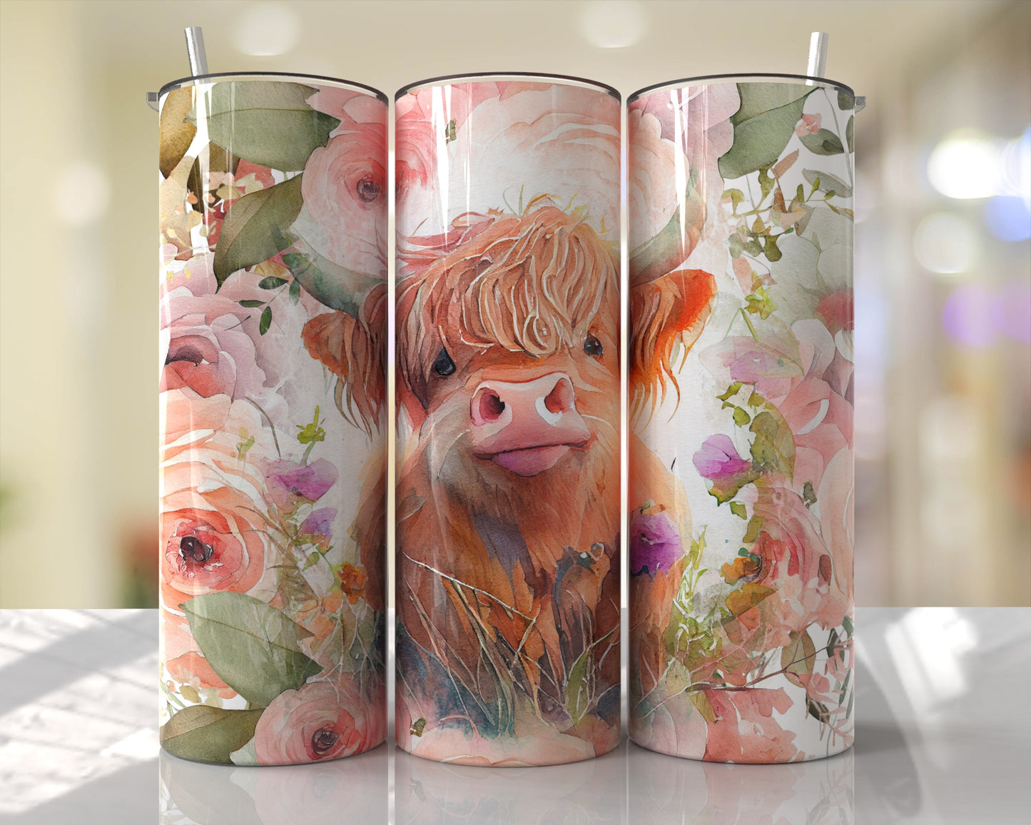 Highland Cow Pink Floral Skinny Tumbler