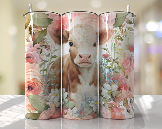 Cute Cow Pink Floral Skinny Tumbler