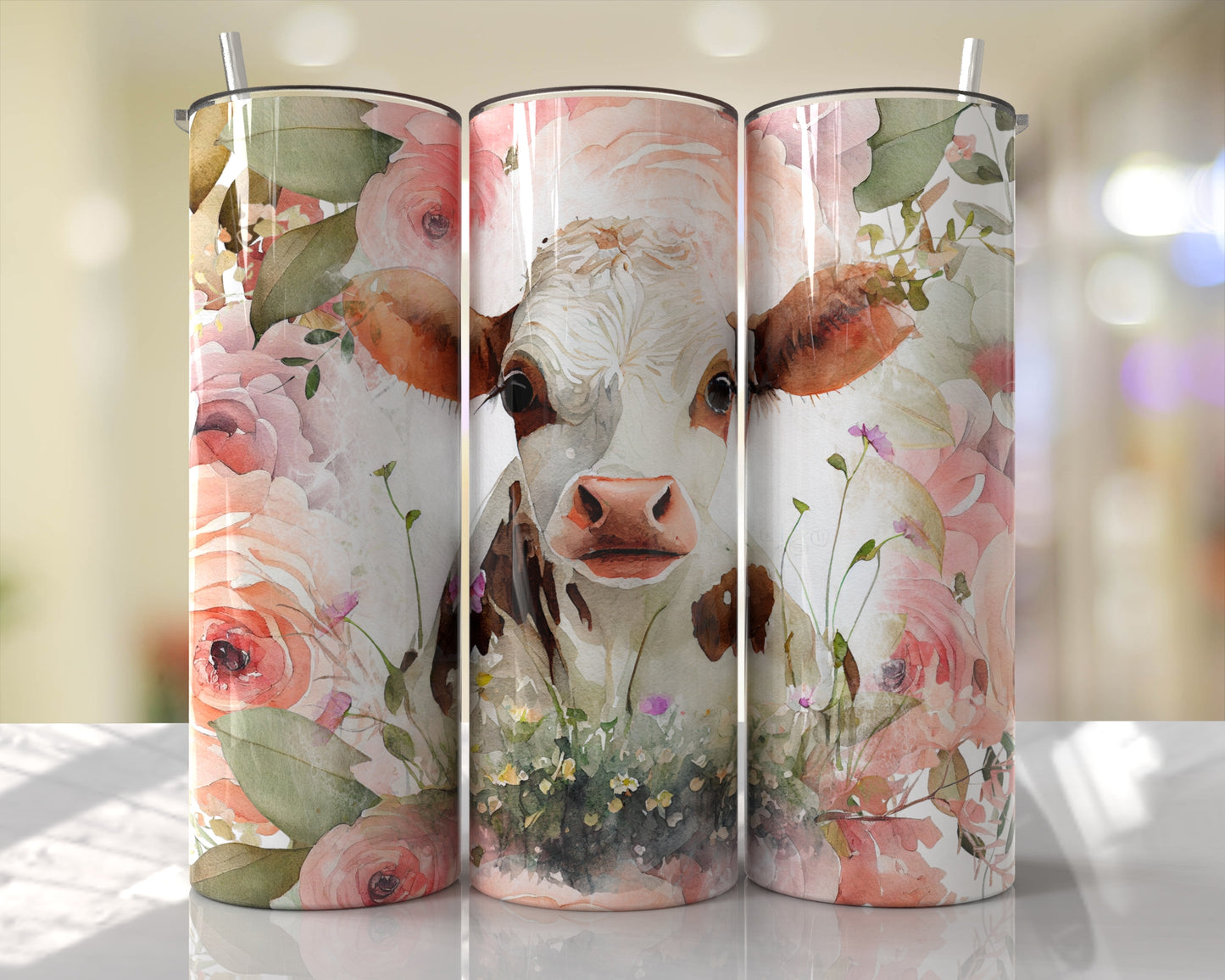 Cute White Cow Pink Floral Skinny Tumbler