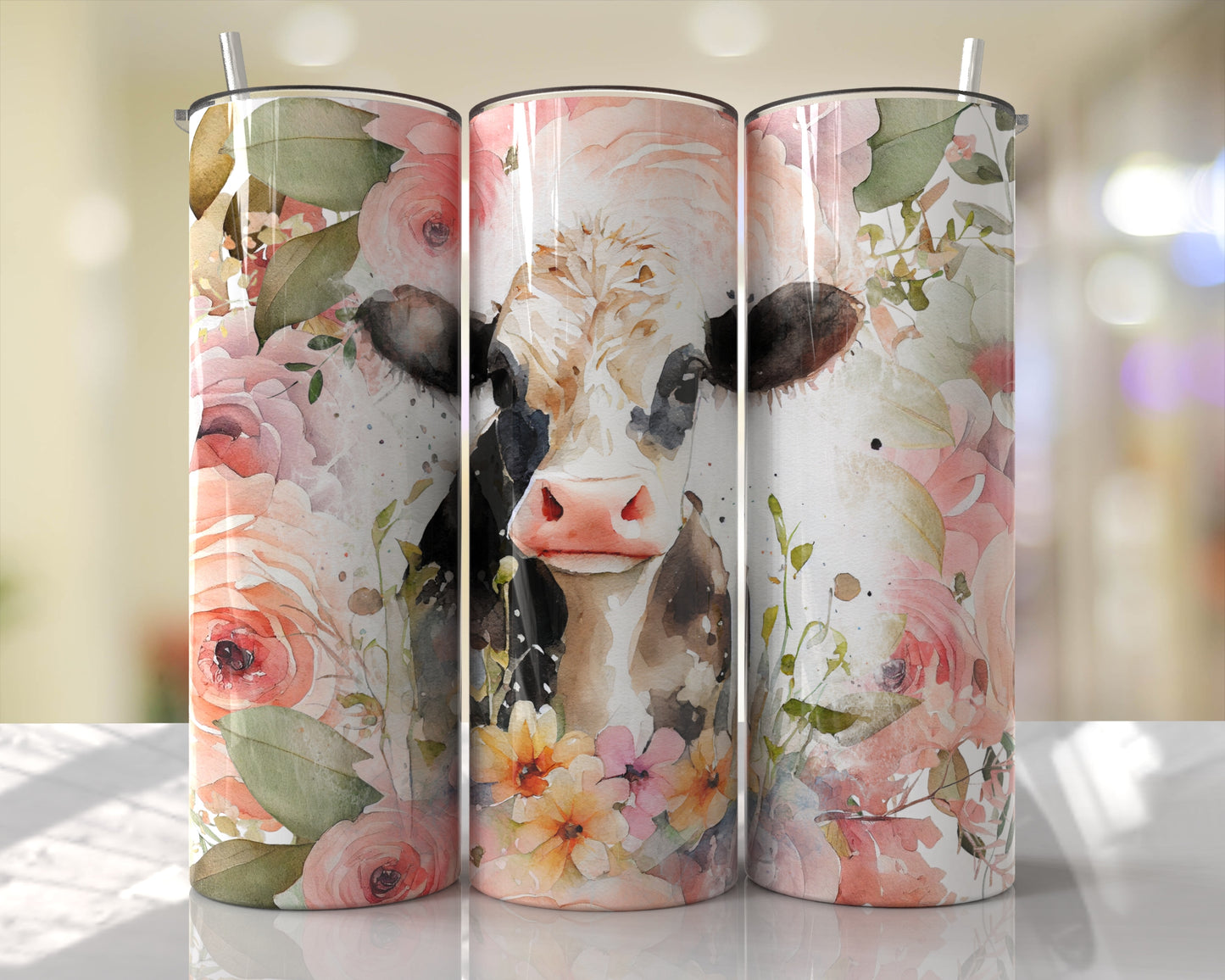 Cute Farm Cow Pink Floral Skinny Tumbler