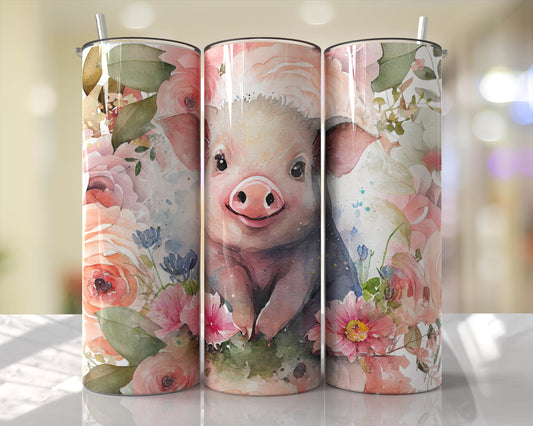 Cute Farm Pig Pink Floral Skinny Tumbler