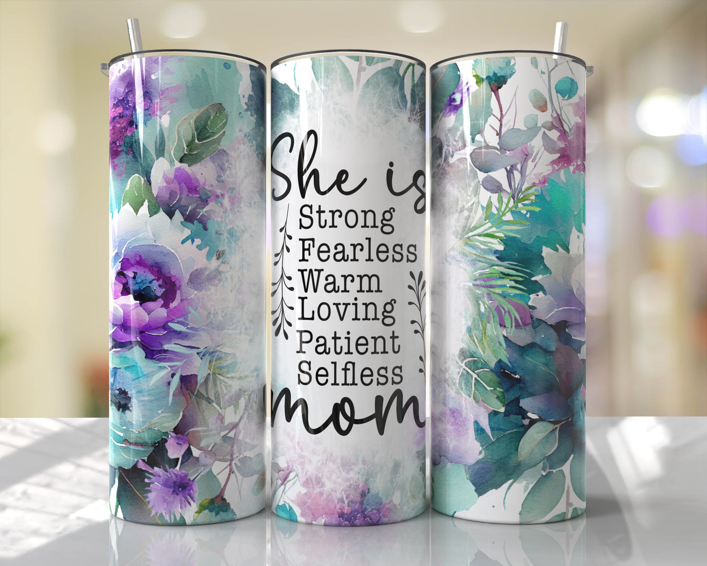 She Is Strong Floral Mom Skinny Tumbler (click for color options)