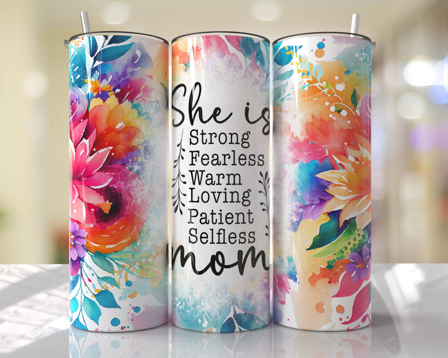 She Is Strong Floral Mom Skinny Tumbler (click for color options)