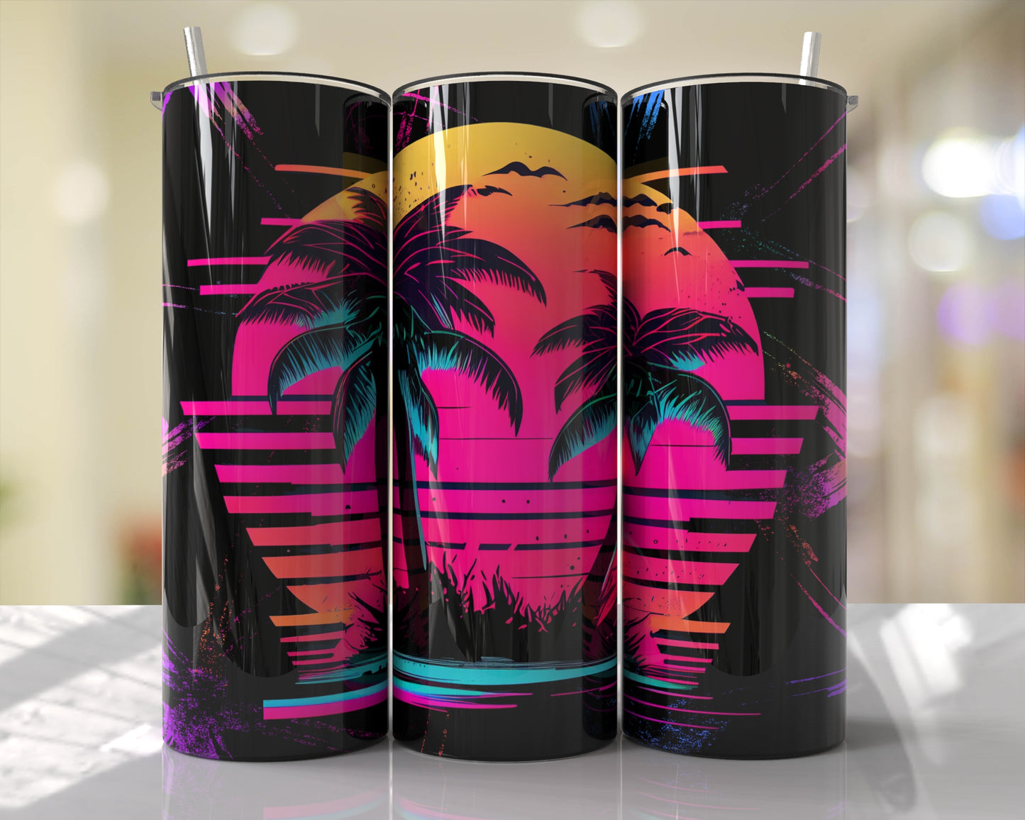 Neon Palm Trees Beach Skinny Tumbler