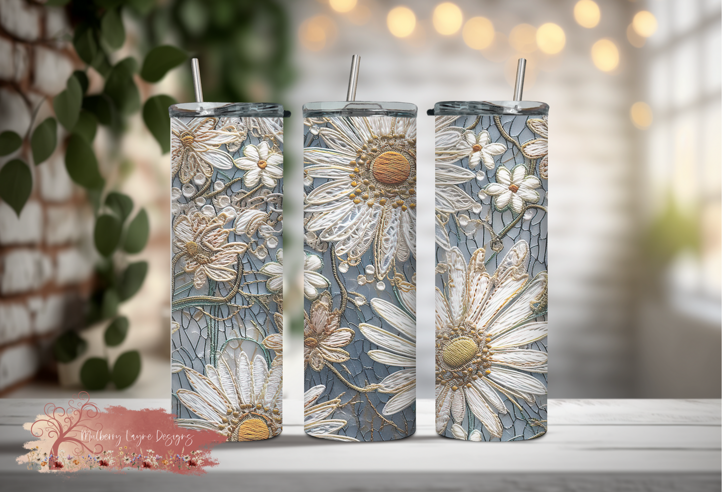 Blue Floral 3D Faux Embroidered Skinny Tumbler