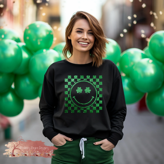 Shamrock Smiley Face Faux Glitter Sweatshirt