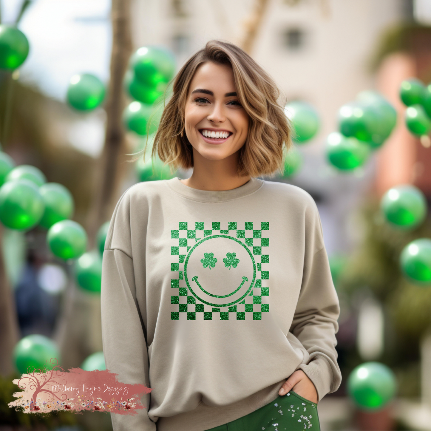 Shamrock Smiley Face Faux Glitter Sweatshirt