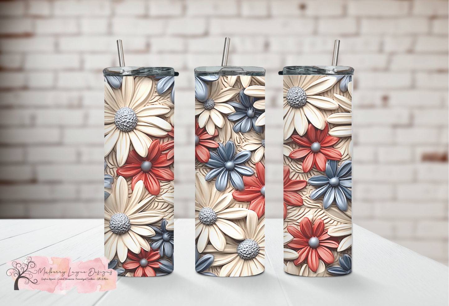 Red White & Blue Floral 3D Skinny Tumbler