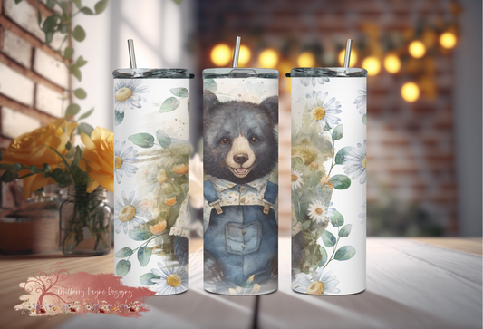 Black Bear In Denim Overalls Skinny Tumbler