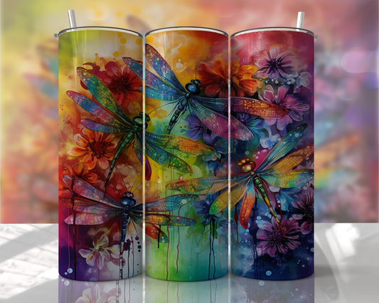 Neon Watercolor Dragonflies Skinny Tumbler