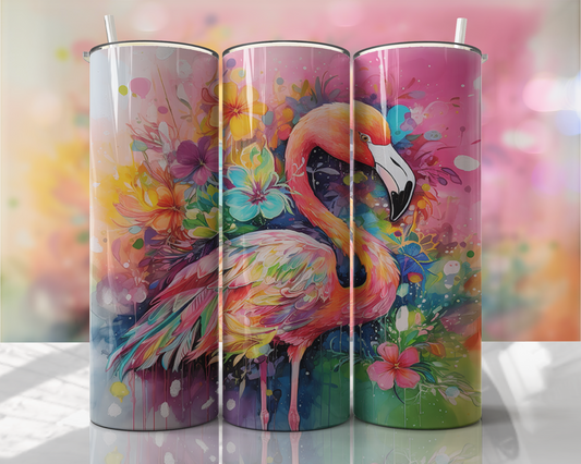 Neon Watercolor Flamingo Skinny Tumbler