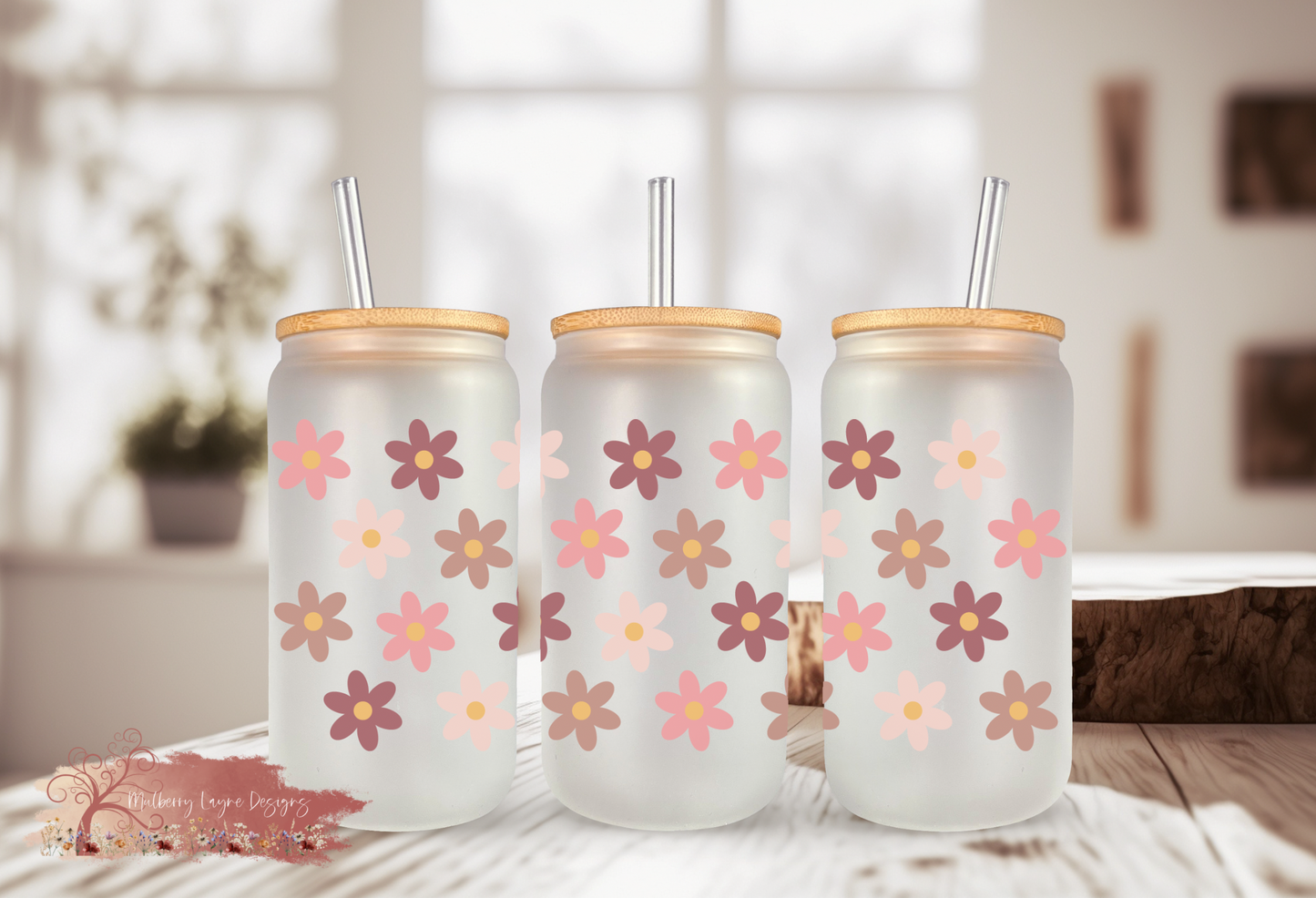 Boho Floral  Frosted Glass Can