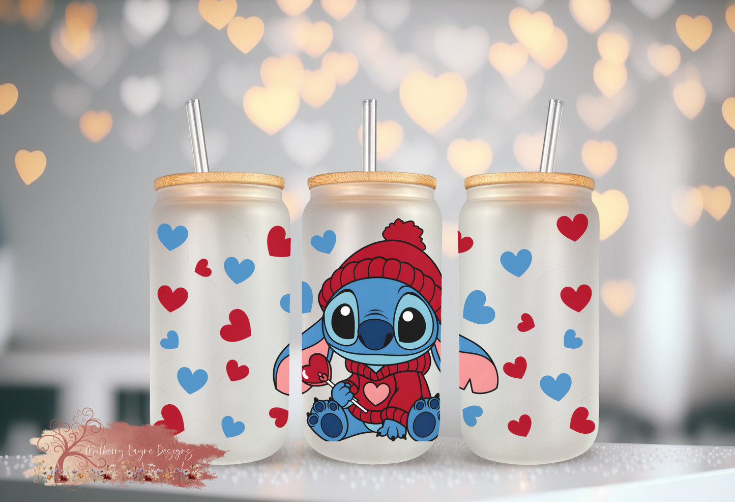 Blue Alien Love Valentine Frosted Glass Can