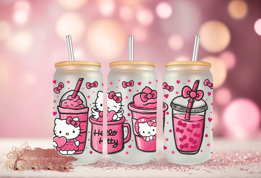 Kawaii Kitty Pink Valentine Frosted Glass Can