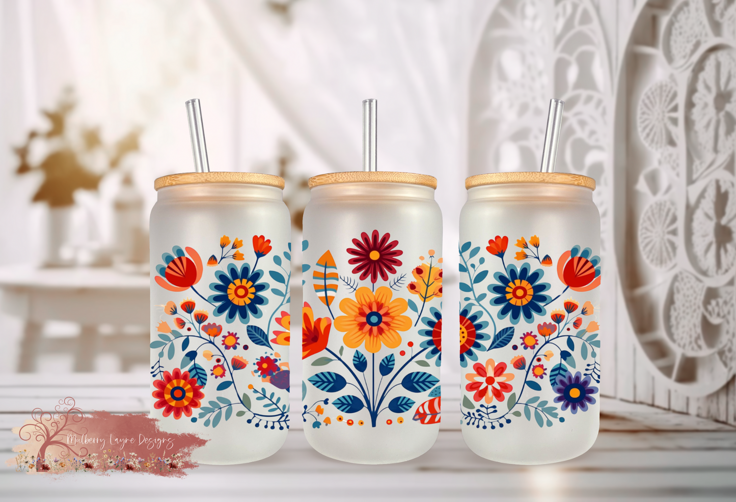 Bright Floral  Frosted Glass Can