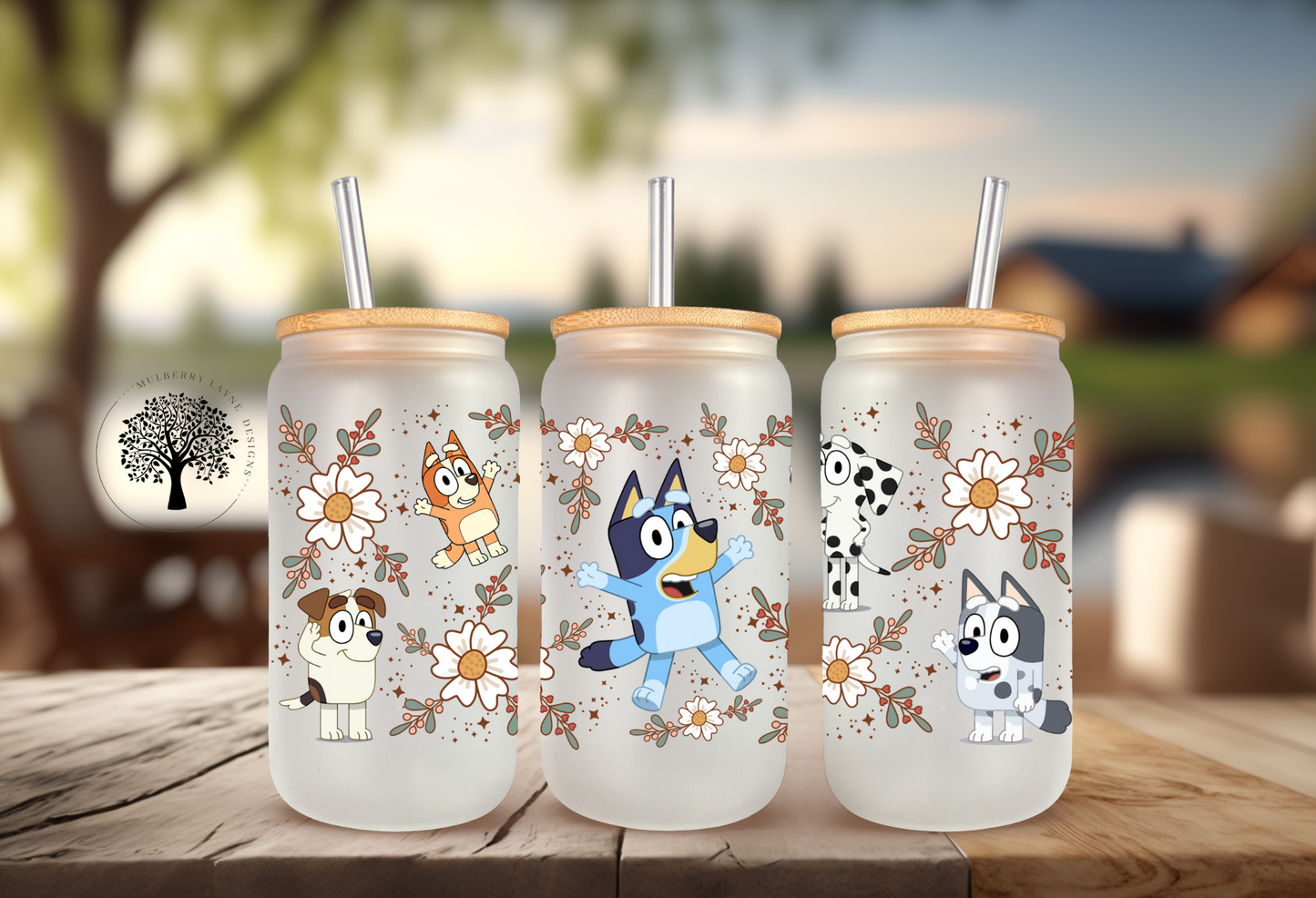 Blue Cartoon Dogs & Friends Spring Flowers Frosted Glass Can