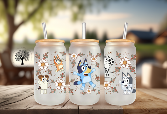 Blue Cartoon Dogs & Friends Spring Flowers Frosted Glass Can