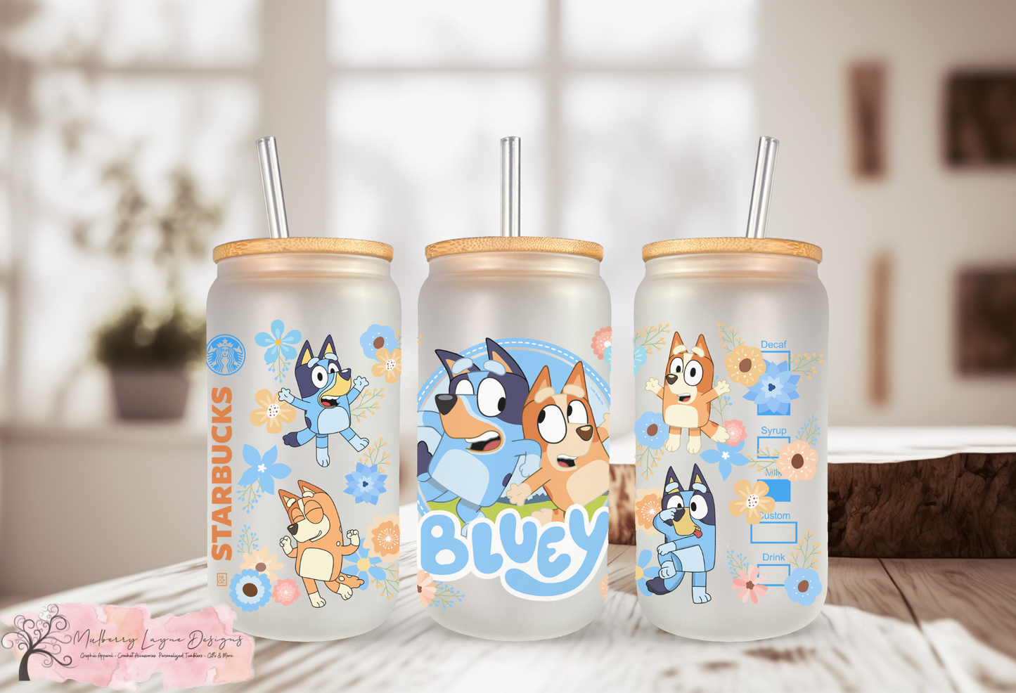 Blue Cartoon Dogs & Spring Flowers Frosted Glass Can