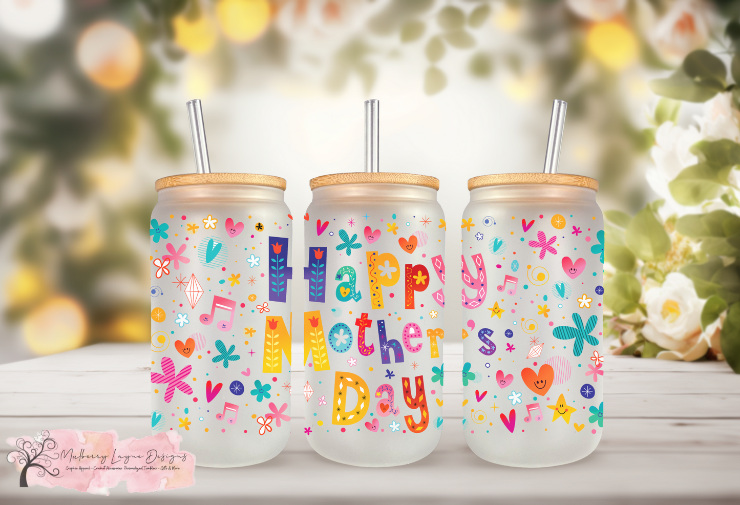 Floral Happy Mother’s Day Frosted Glass Can