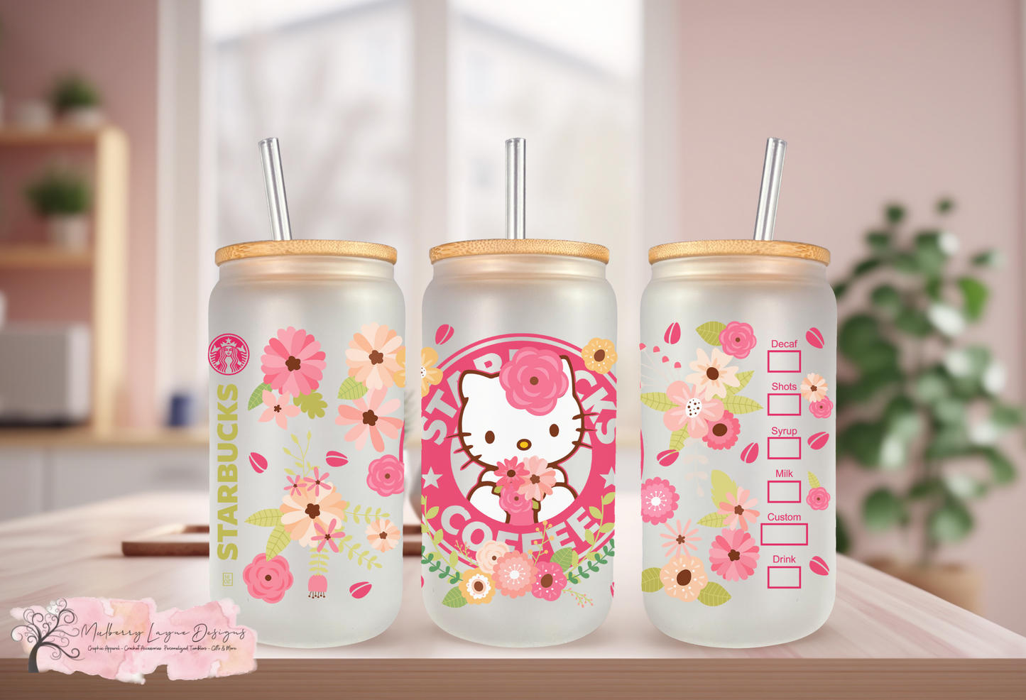 Floral Kawaii Kitty Valentine Frosted Glass Can