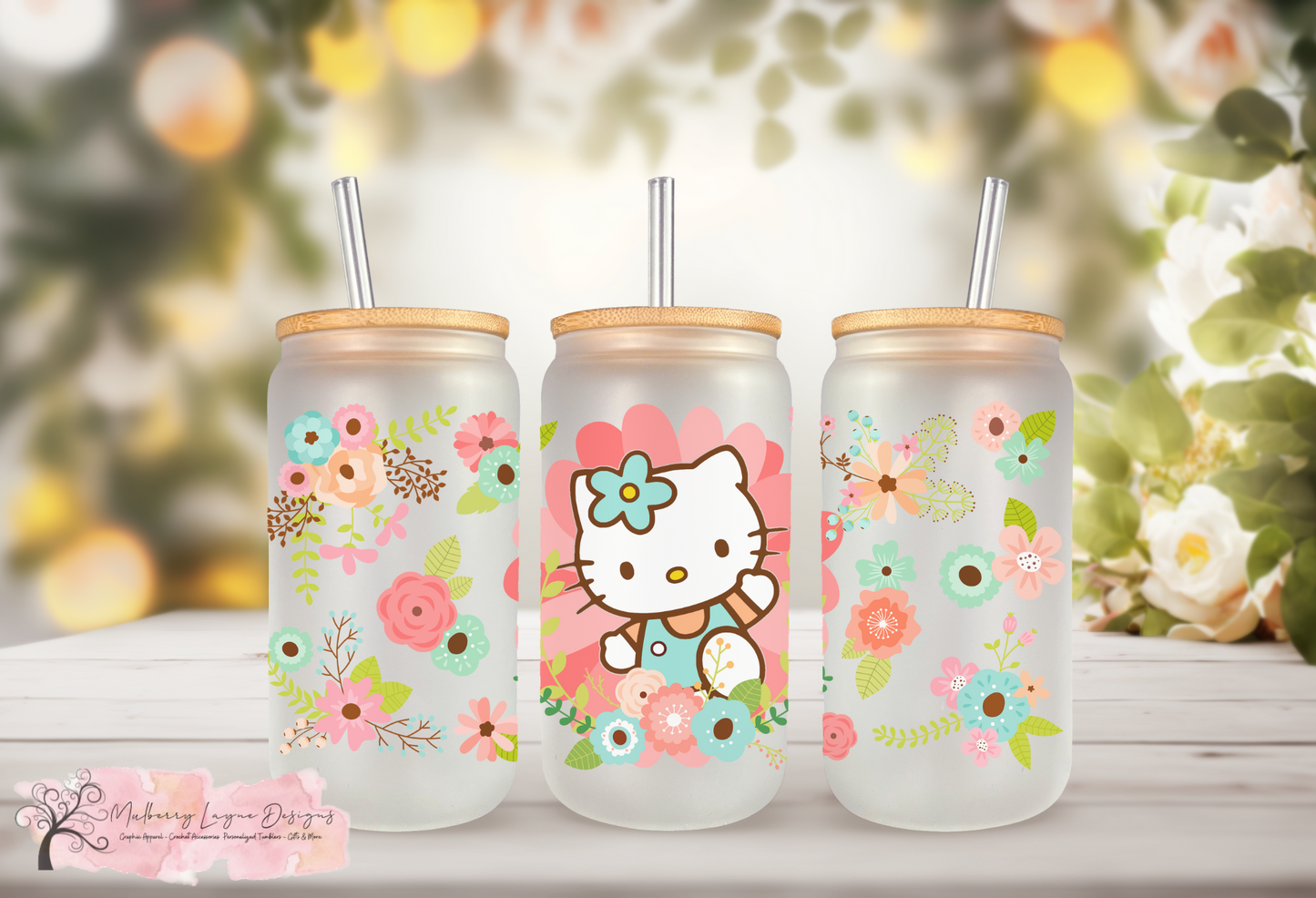 Spring Floral Kawaii Kitty Frosted Glass Can