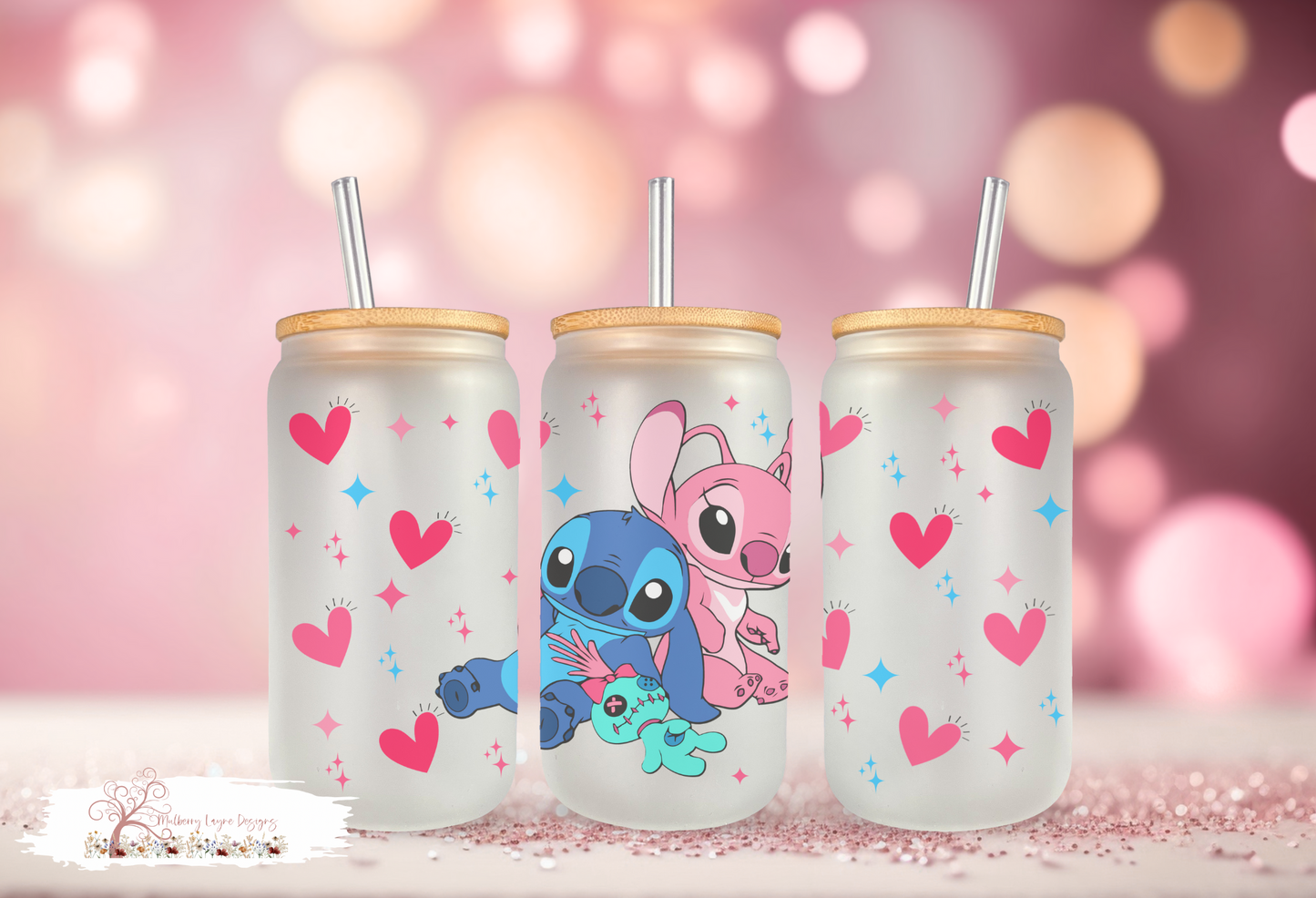 Blue And Pink Alien Hearts Frosted Glass | Glass Can