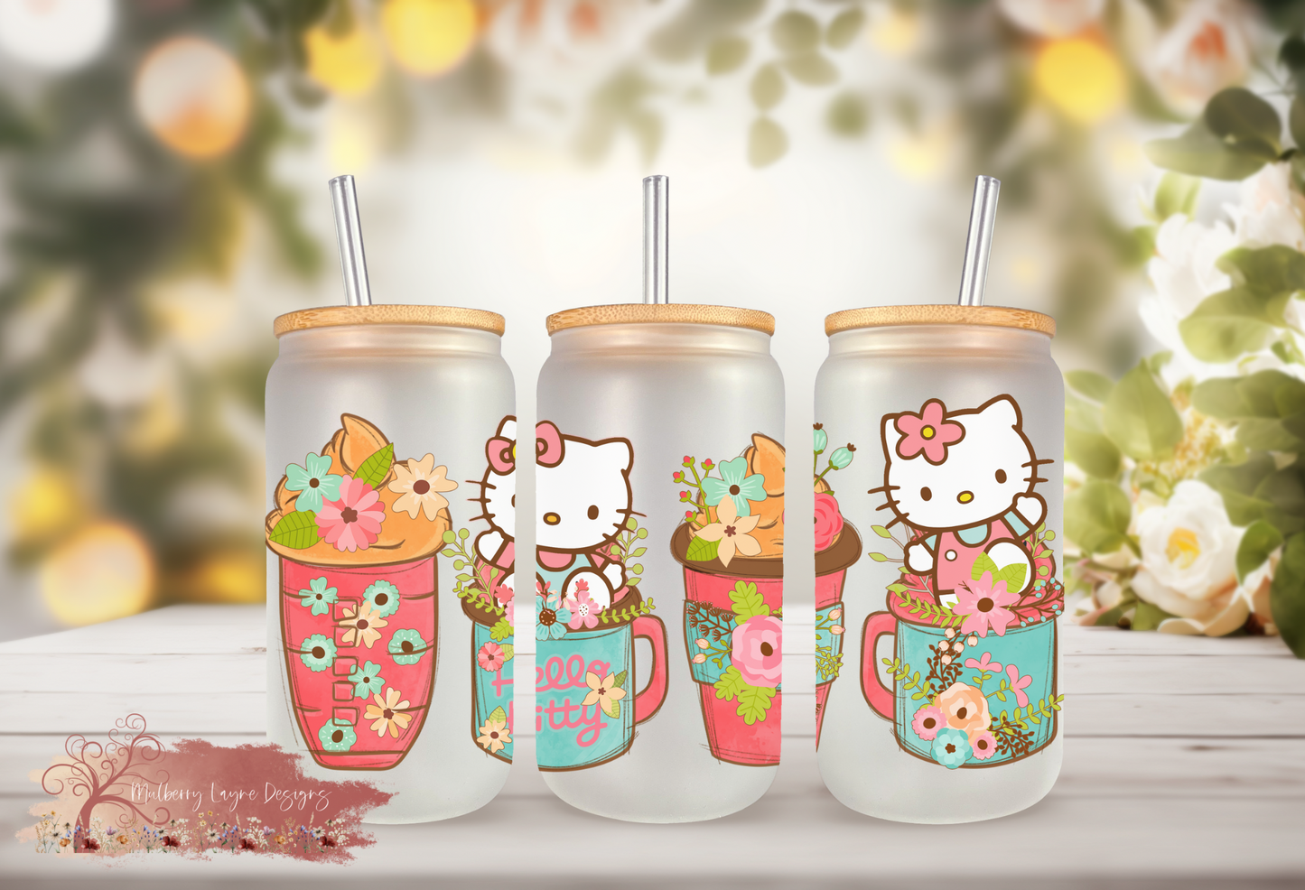 Spring Kawaii Kitty Frosted Glass Can