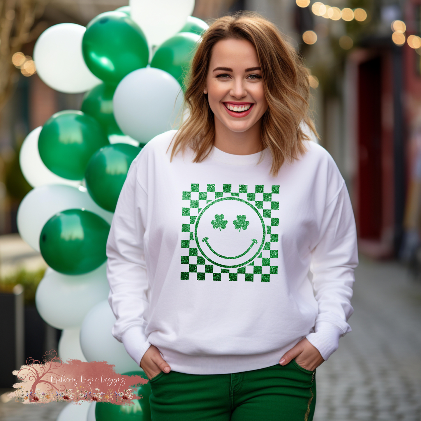 Shamrock Smiley Face Faux Glitter Sweatshirt