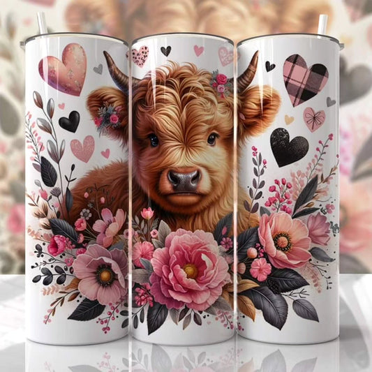 Pink Valentine Highland Cow Skinny Tumbler